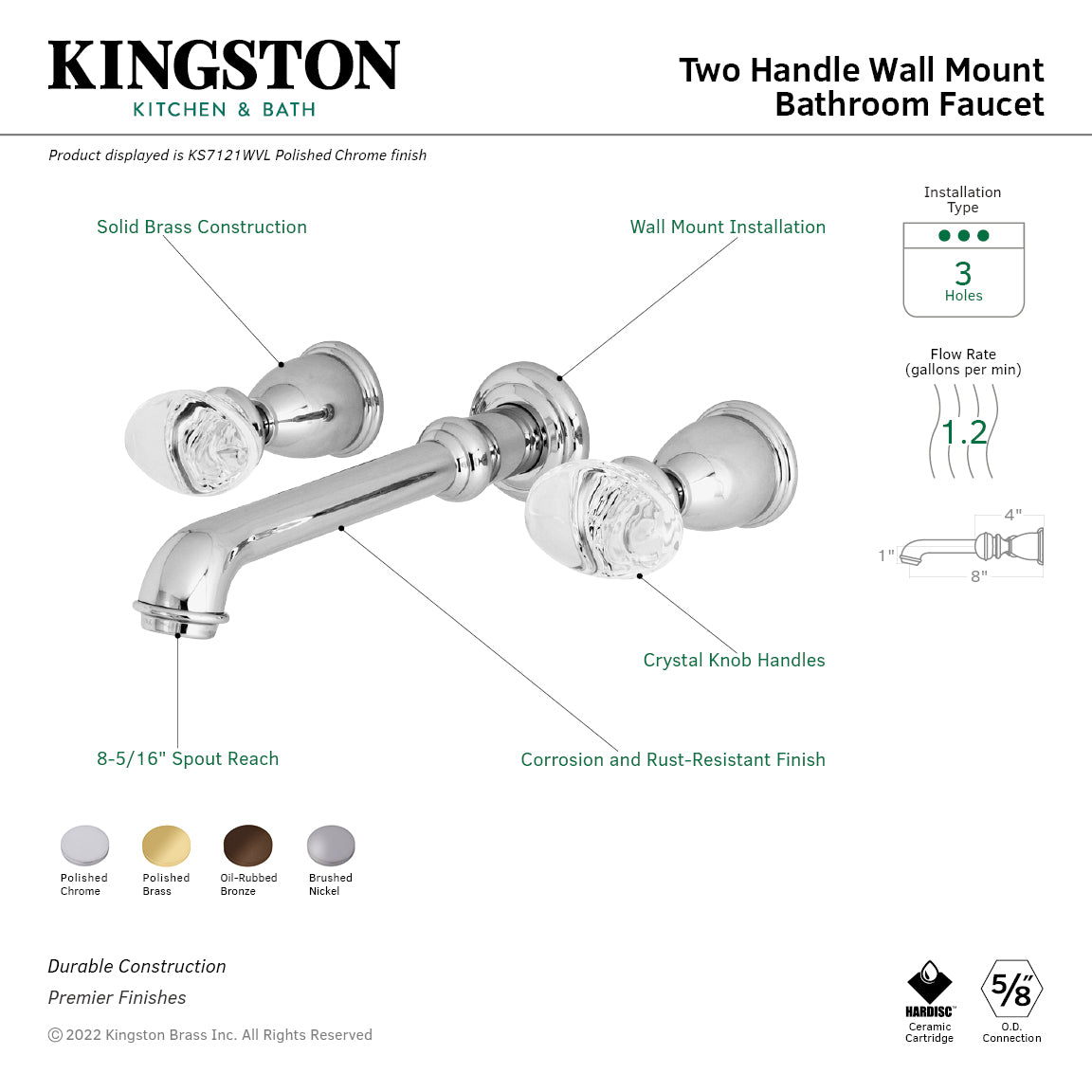 Kingston Tulare KS7122WVL - Krystal Onyx Double-Handle 3-Hole Wall Mount Bathroom Faucet, Polished Brass — thumbnail 2